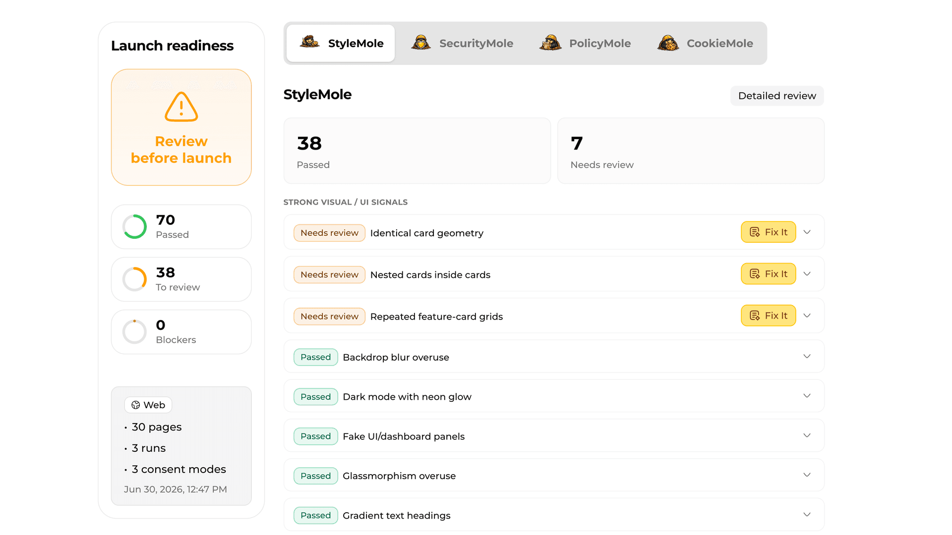 Sample VibeMole scan report showing compliance results